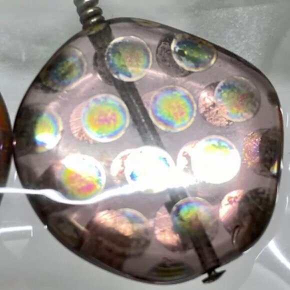 Pink Iridescent Halographic Polka Dot Flat Round Hand Blown Art Glass Earrings - Picture 14 of 15